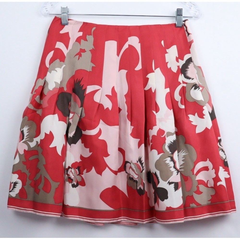 Elie Tahari Size Floral Pleated Silk Skirt Size 2 Pink Brown‎ Y2K
